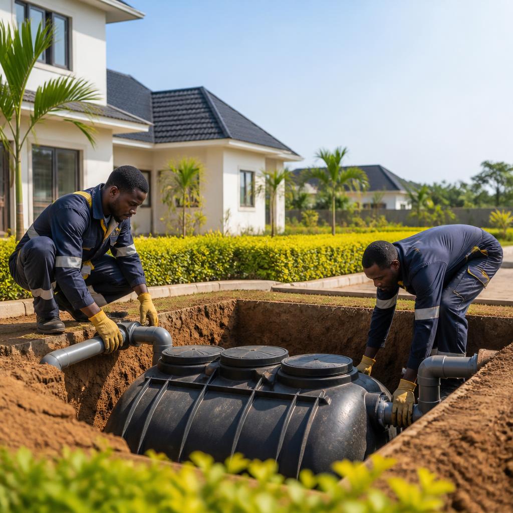 Technicians installing a sealed bio-digester wastewater system at a home
