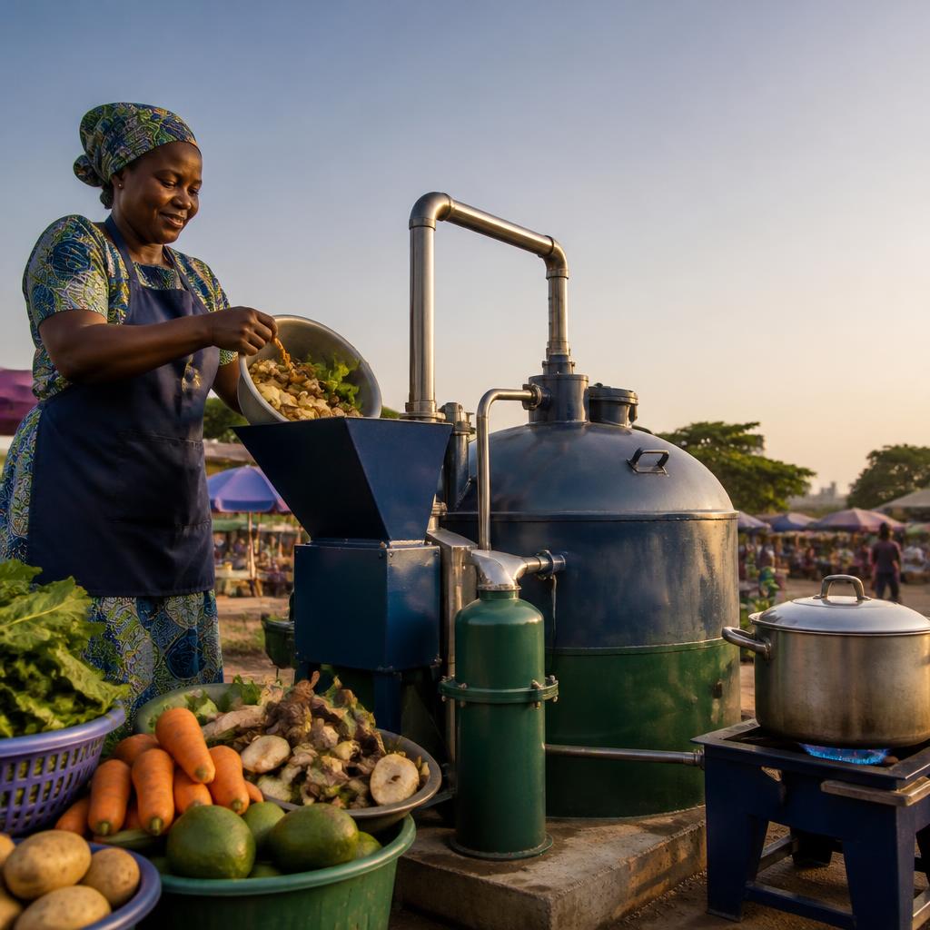 A food vendor feeds vegetable scraps into a biogas system beside a cooking flame