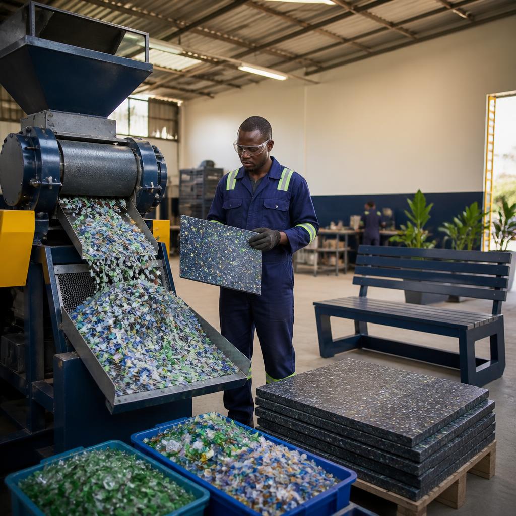 Recovered plastic and glass transformed into useful materials