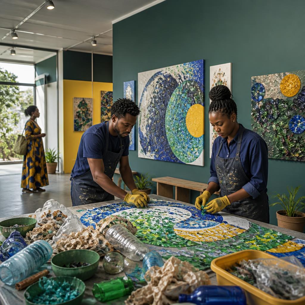 Artists creating a mixed-media artwork from reclaimed materials