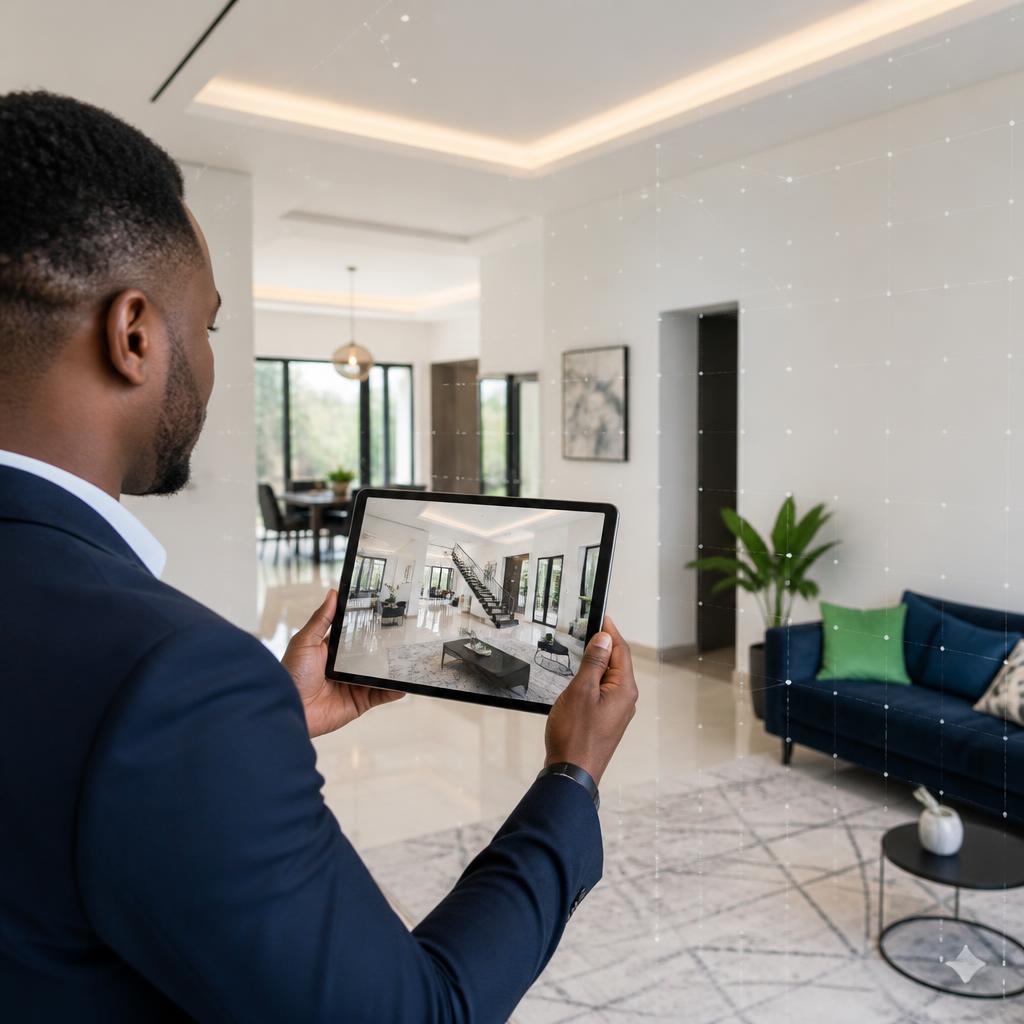 A property professional viewing a digital home walkthrough on a tablet